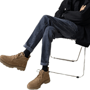 修身高级感裤子配马丁靴深蓝色牛仔裤男款直筒小脚痞帅男装烟管裤