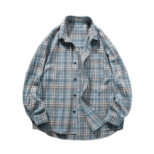 长袖衬衫男款2024春季新款韩版潮流日系复古格子大码翻领衬衣外套