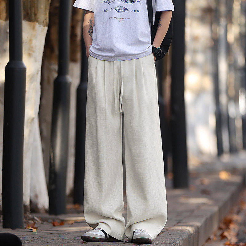 弹力仿麻直筒拖地透气休闲裤男加肥加大码潮流胖子宽松春夏装薄款