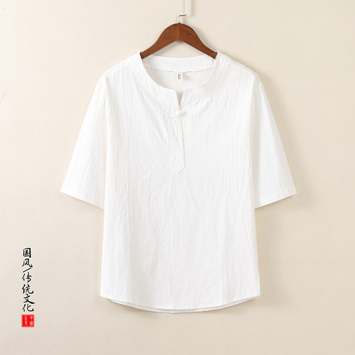 新中式复古休闲唐装短袖T恤中国风薄款透气盘扣V领茶服上衣居士服