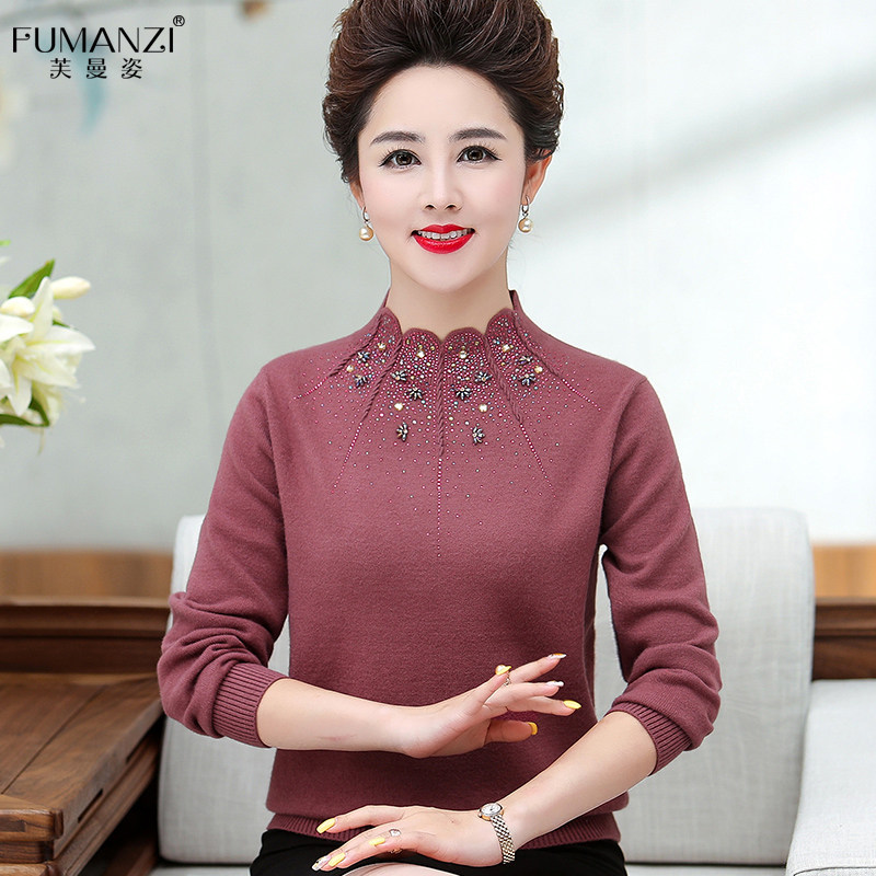 中老年女装秋装打底衫长袖半高领洋气大码纯色上衣妈妈秋冬装毛衣