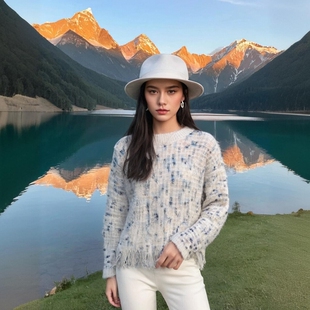 宽松圆领提花亮丝流苏兔毛衫苏妮亚A806M针织衫女装套头上衣
