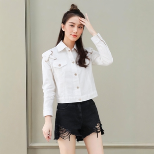 穿绳长袖外套苏妮亚外贸M家女士精品白牛仔衫单排扣新款短款上衣