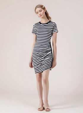 圆领短袖套头裙子外贸条纹针织连衣裙夏欧美风M家女装新款修身裙