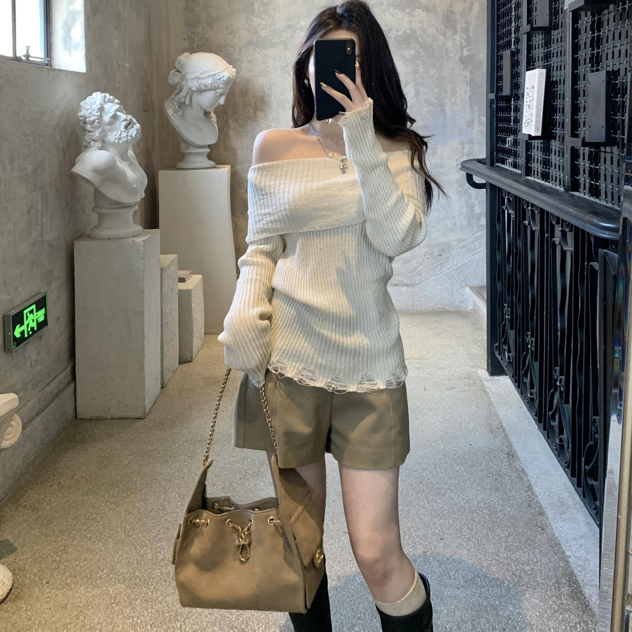 2025新款秋冬韩版甜美减龄一字肩毛衣针织衫女早春软糯设计感上衣