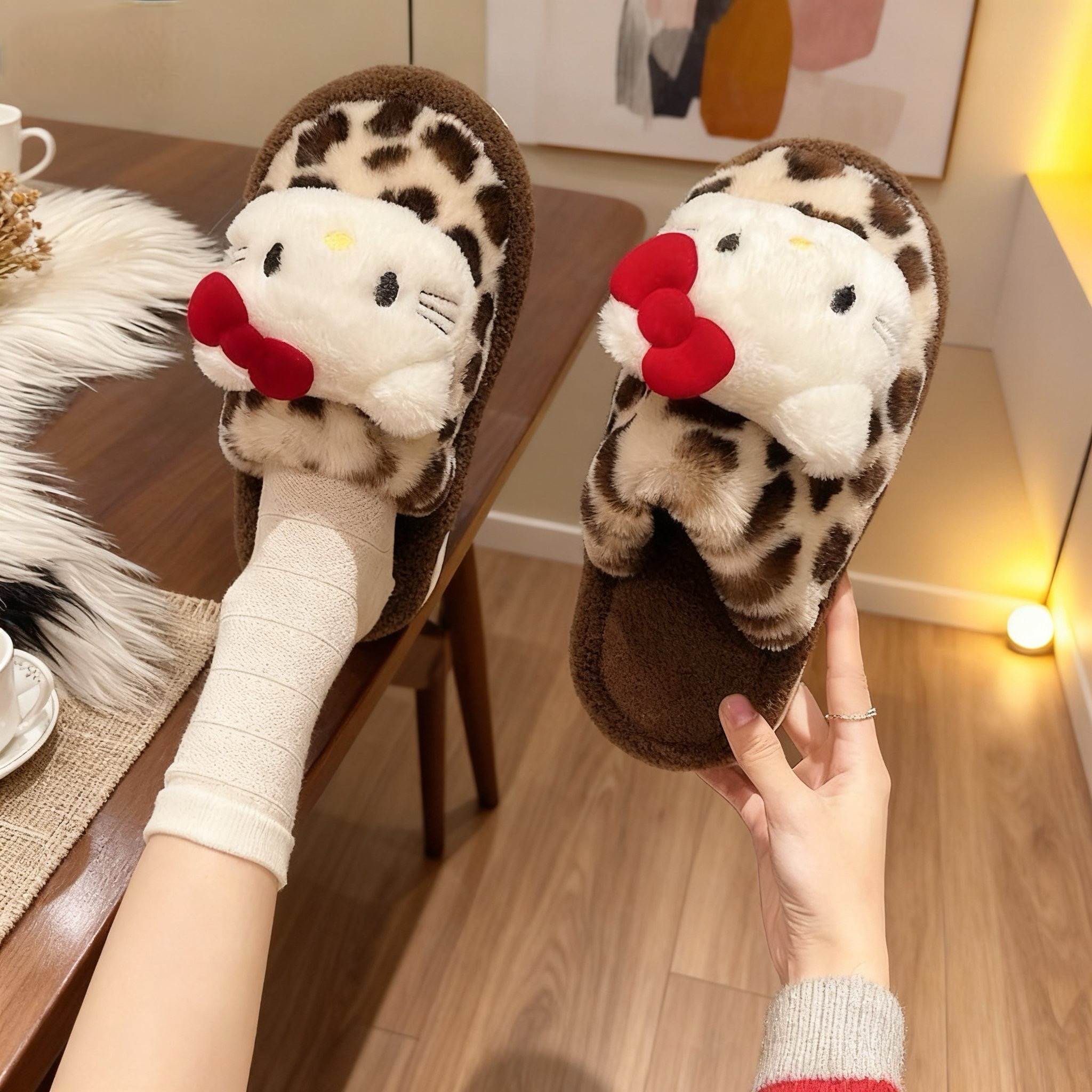 helloKitty豹纹棉拖鞋女学生包头外穿秋冬保暖毛茸茸居家防滑耐磨