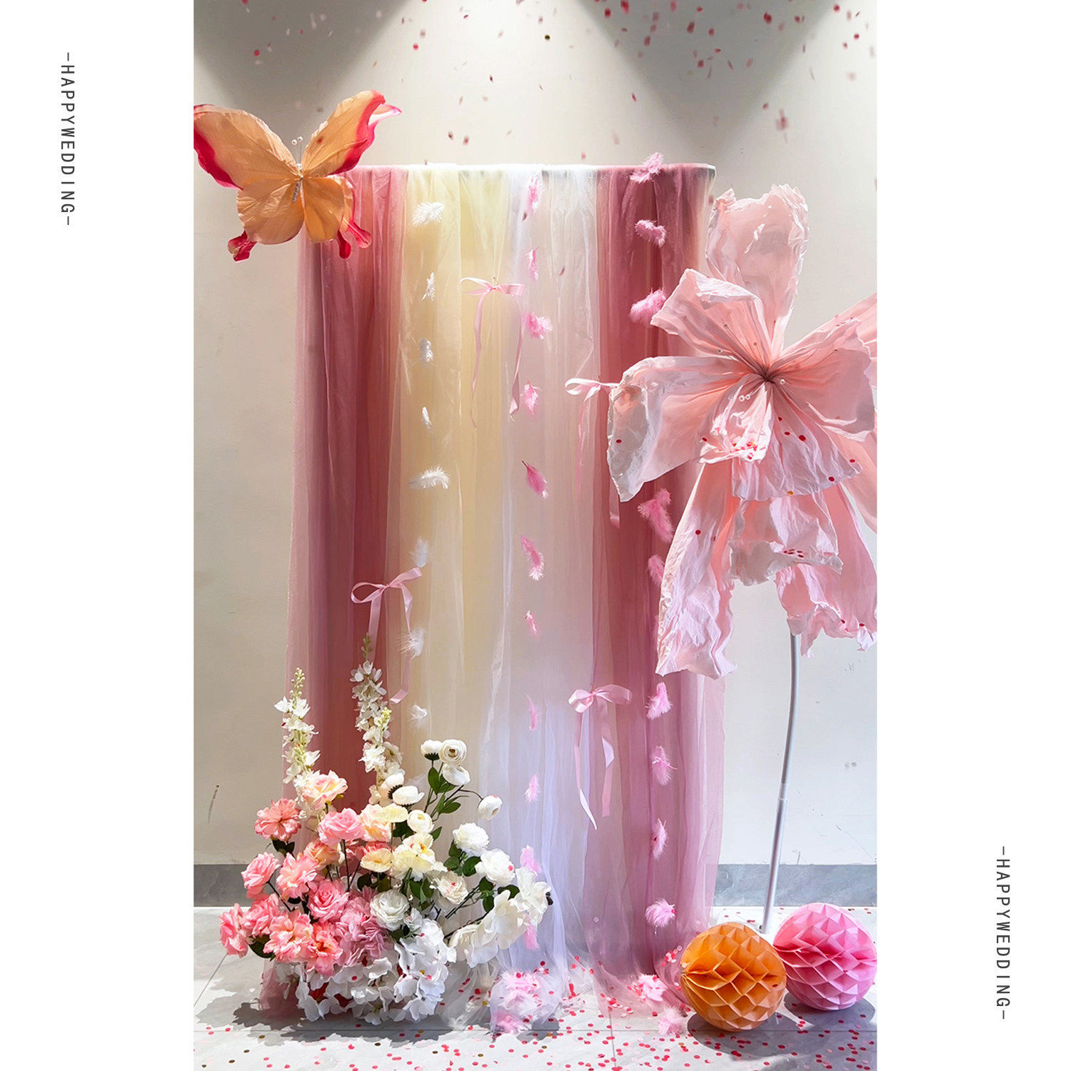 粉色婚房装饰晨袍拼色纱幔拍照区布置拍照背景喜字kt板褶皱花高级,节庆用品/礼品,节日装扮用品,淘宝优惠券,粉丝福利购,淘宝优惠卷