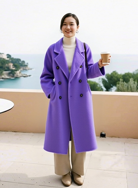 撤柜衣莎美诺冬兔绒紫色羊毛呢大衣女中长款外套气质Y405D0116