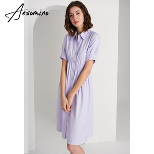 Aesomino 连衣裙气质通勤梦幻紫色Y540B7359 衣莎美诺夏纯棉短袖