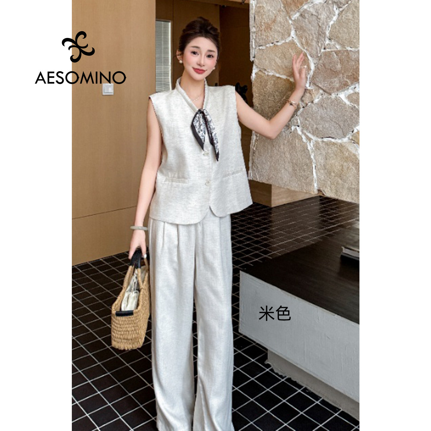 亚麻天丝马甲阔腿裤2件套女春夏
