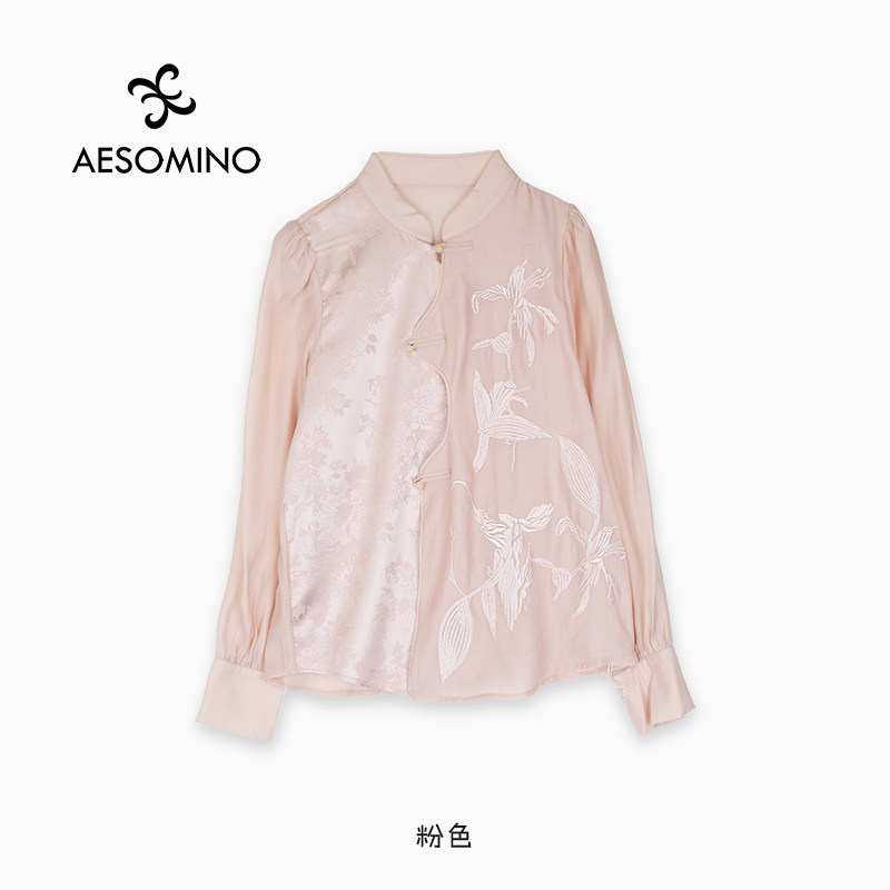 【新】国风斜襟盘扣立领衬衫女夏刺绣天丝薄小衫上衣Y684C5338