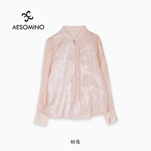 女夏刺绣天丝薄小衫 国风斜襟盘扣立领衬衫 上衣Y684C5338 新