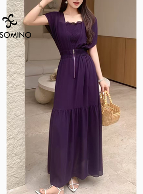 法式连衣裙女 深V拉链收腰显瘦气质长裙两件套 Y058B3152