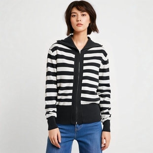 灰条Y676D5280 毛衣拉链条纹羊毛针织开衫 Aesomino 衣莎美诺冬季