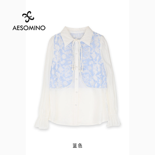 女Y684C5067 上衣蕾丝蓝色假两件衬衫 新中式 国风盘扣衬衫