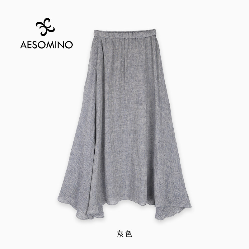 100亚麻半身裙女新款夏薄款小个子灰色a字裙高腰长裙Y682BH884