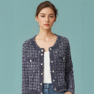 Aesomino 外套静谧蓝Y662CL067 衣莎美诺欧美范毛须夹花小香风短款