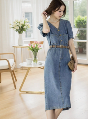 莱赛尔天丝法式牛仔蓝连衣裙短袖女显瘦收腰中长款裙子Y660B5133