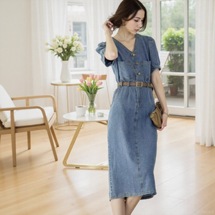 莱赛尔天丝法式牛仔蓝连衣裙短袖女显瘦收腰中长款裙子Y660B5133