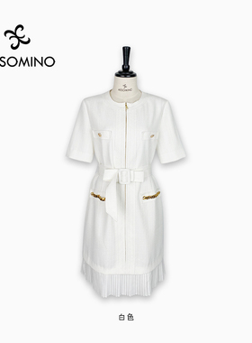 Aesomino/衣莎美诺夏连衣裙收腰显瘦气质白色圆领Y527BHD36