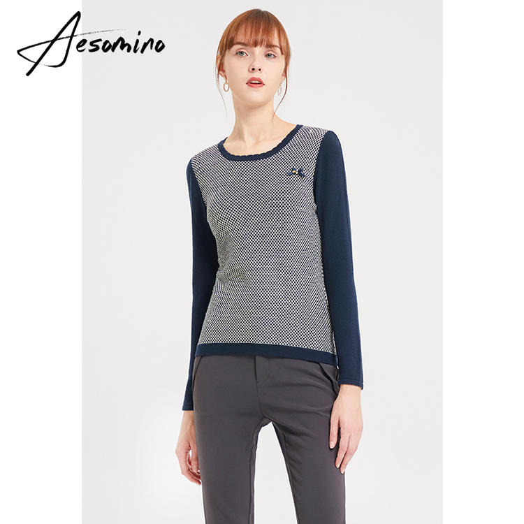 秋冬羊毛衫女提花撞色针织衫