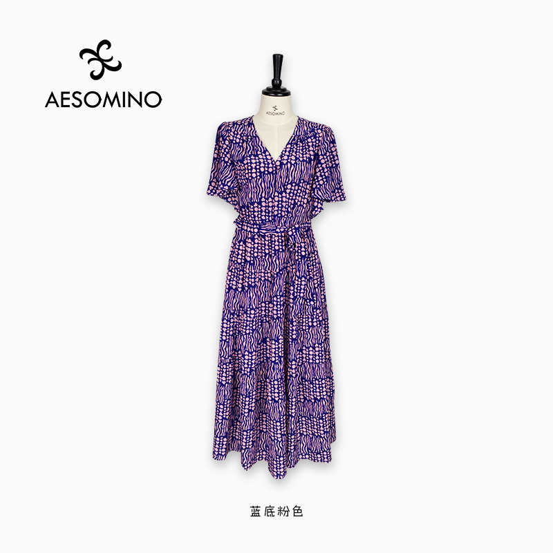 AESOMINO衣莎美诺真丝连衣裙14mm蓝底粉色Y284B1149