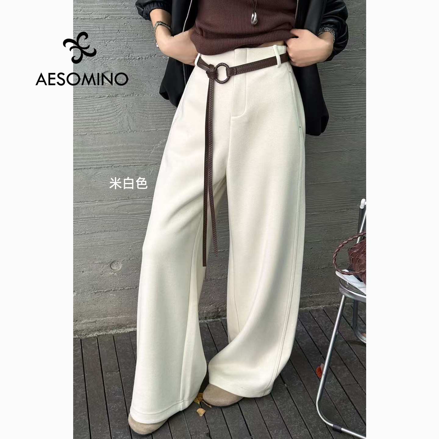 【毛呢裤】冬加绒直筒裤女BEZE腰带加厚保暖西装裤高腰垂感休闲裤