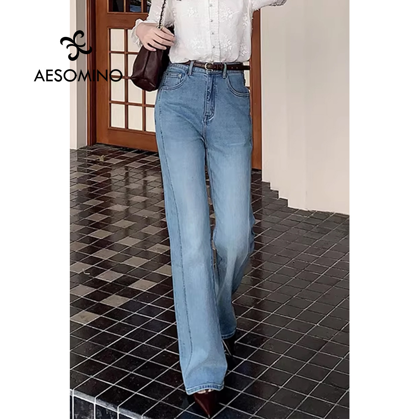 春夏复古高腰四面弹微喇牛仔裤女
