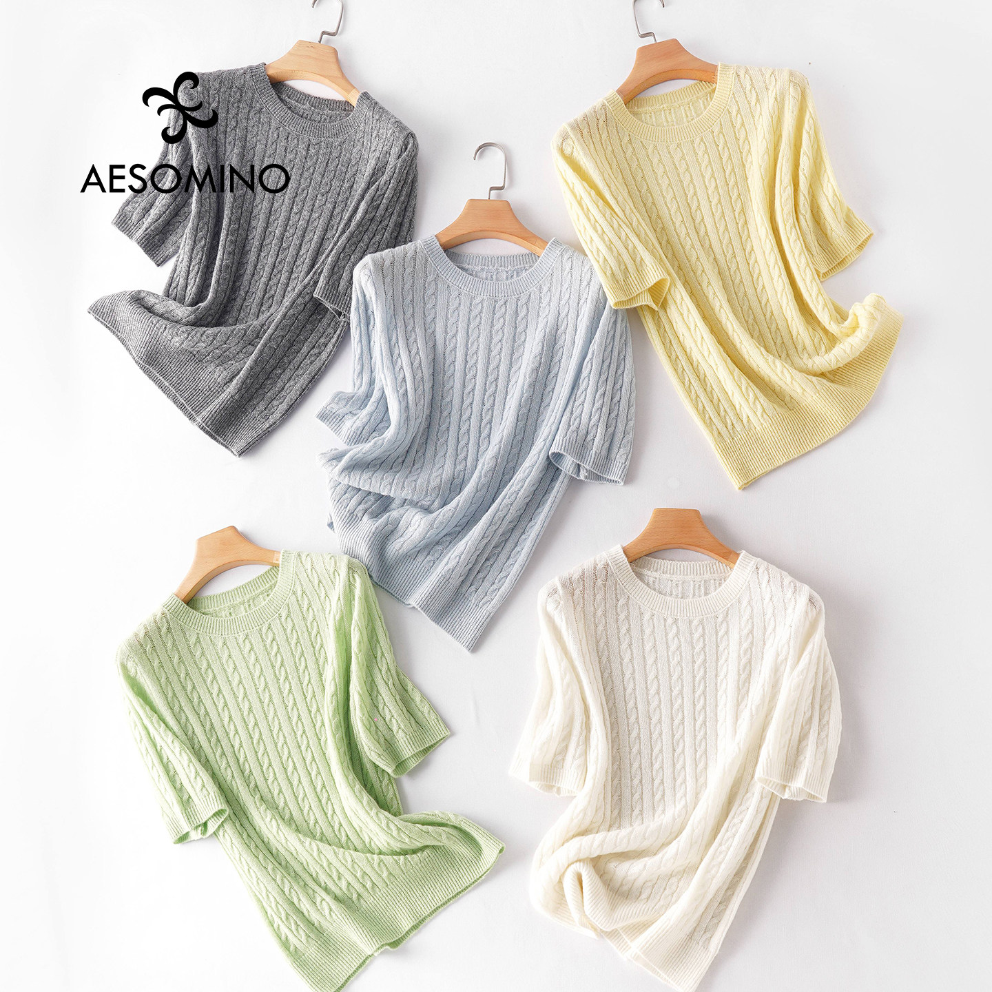 【新】经典麻花春夏短袖女羊绒羊毛针织衫纯色上衣三季可穿BTZU