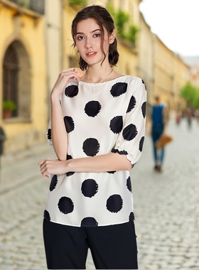 衣莎美诺经典波点风潮夏短袖上衣女设计款雪纺衫T恤Y095B3871