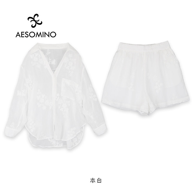 新中式国风套装女苎麻夏季休闲宽松刺绣衬衫短裤两件套Y684B7029