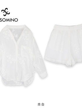 新中式国风套装女苎麻夏季休闲宽松刺绣衬衫短裤两件套Y684B7029