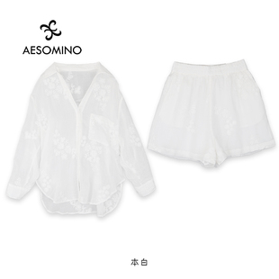 短裤 新中式 休闲宽松刺绣衬衫 女苎麻夏季 两件套Y684B7029 国风套装