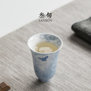 叁旬 手绘蝶恋花闻香杯女喝茶陶瓷茶具功夫茶杯主人杯品茗杯单杯