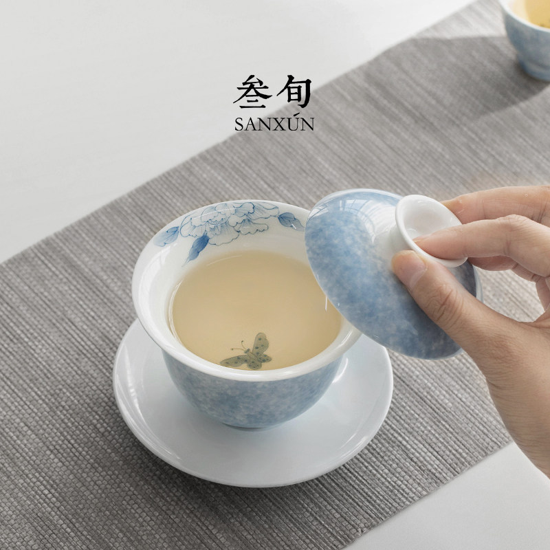 叁旬手绘蝶恋花三才盖碗茶杯泡茶防烫单个陶瓷功夫泡茶碗高档茶具图片
