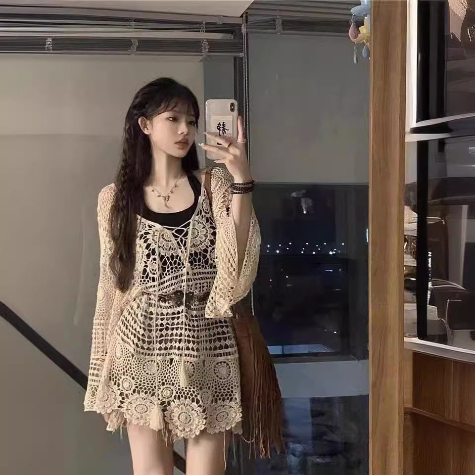 套头长款防晒衣女刺绣镂空长袖沙防晒衣