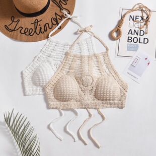 镂空泳衣挂脖小背心吊带内搭漏肩带胸垫露背抹胸刺绣女夏短款 上衣