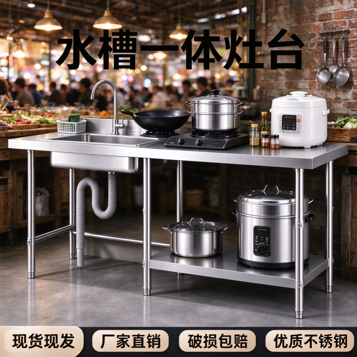 工业304不锈钢水槽柜柜一体碗柜厨房家用洗菜盆洗碗池带灶台台面
