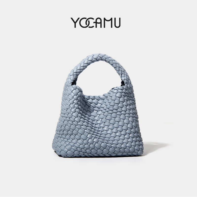YOCAMU编织包手提包女菜篮子蓝色斜挎包度假旅游小众设计包包夏季