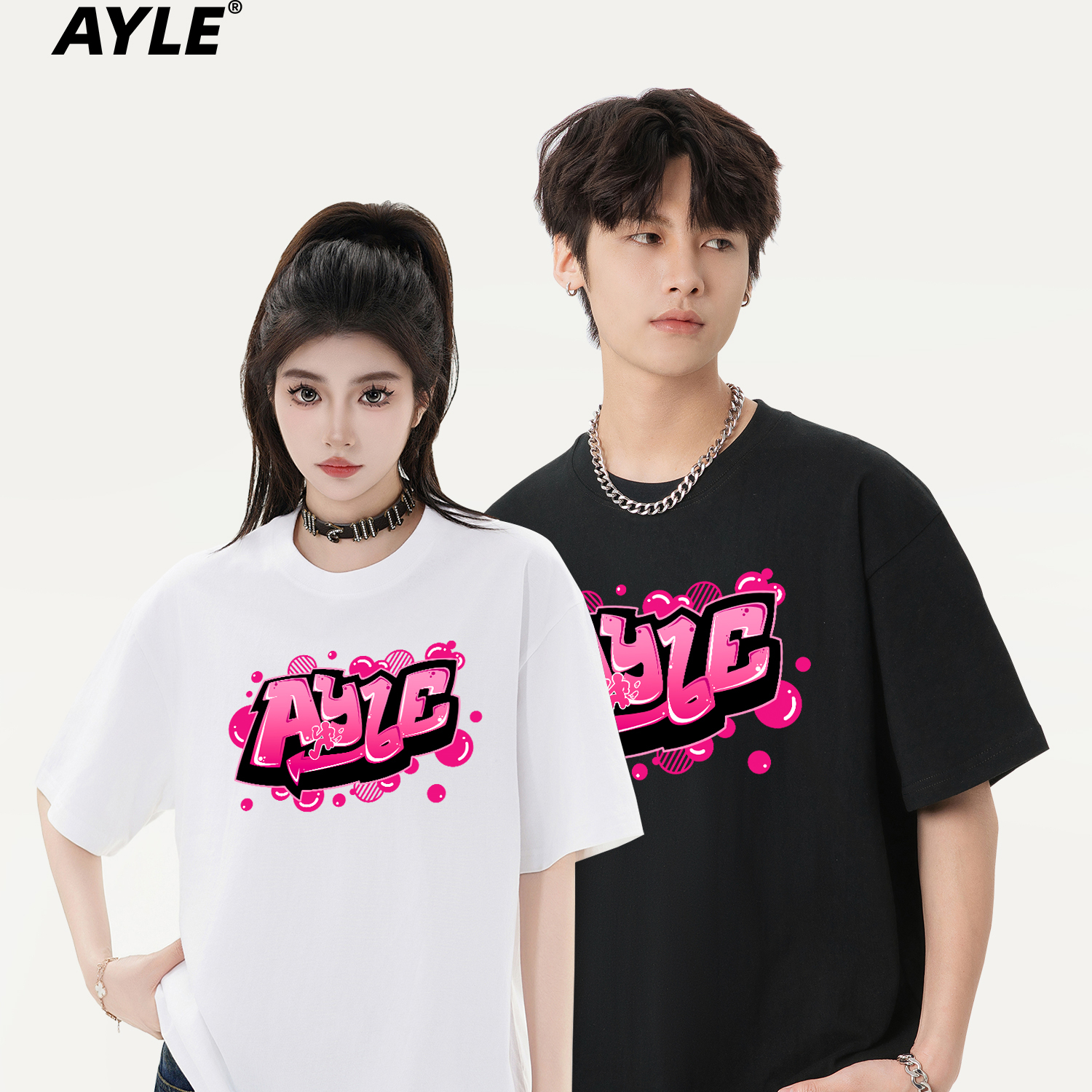 AYLE原创潮牌气泡字母痞帅炸街圆领半袖T恤hiphop短袖男女夏季潮