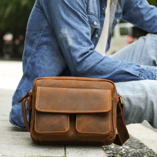 单肩包包头层牛皮男式 小包单肩crossbodyLeather真 斜跨包bag男士