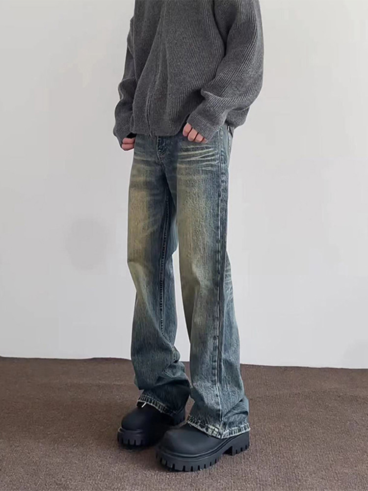 微喇复古蓝牛仔裤男美式高街hiphop水洗做旧潮牌设计渐变直筒长裤
