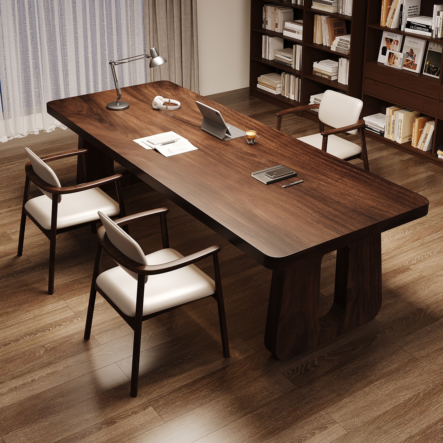 南美胡桃木家用客厅大书桌实木书房阅读办公现代简约大板桌椅组合