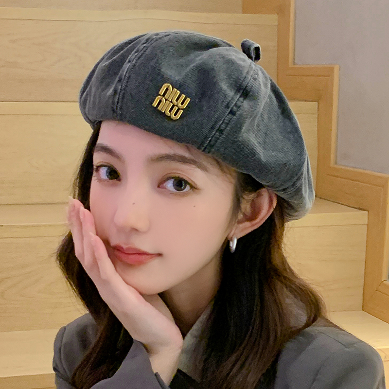 复古港风气质大头围牛仔贝雷帽