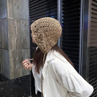 潮包头帽 日系文艺手工针织帽子女春秋勾花镂空毛线帽甜美可爱韩版