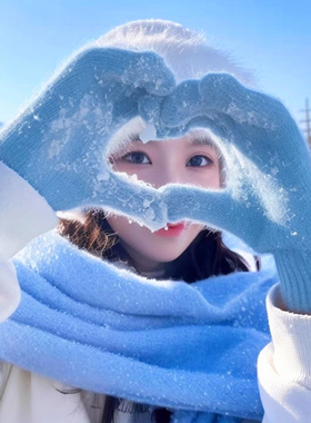 针织毛线浅蓝色手套女2025新款户外骑行保暖防寒兔毛五指手套时尚