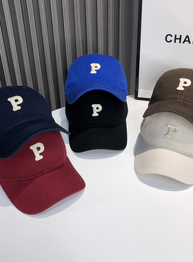 韩国字母P标鸭舌帽男女潮牌软顶棒球帽韩版显脸小纯棉运动帽子潮