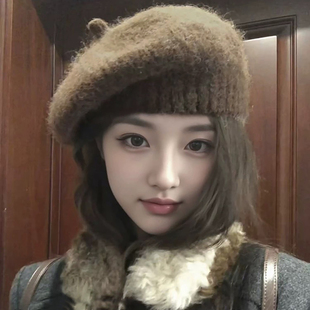 秋冬针织毛线帽女士韩版时尚大头围文艺画家帽子高级感复古贝雷帽
