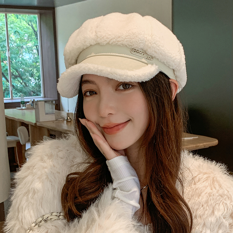 英伦复古羊羔绒拼接显脸小八角帽