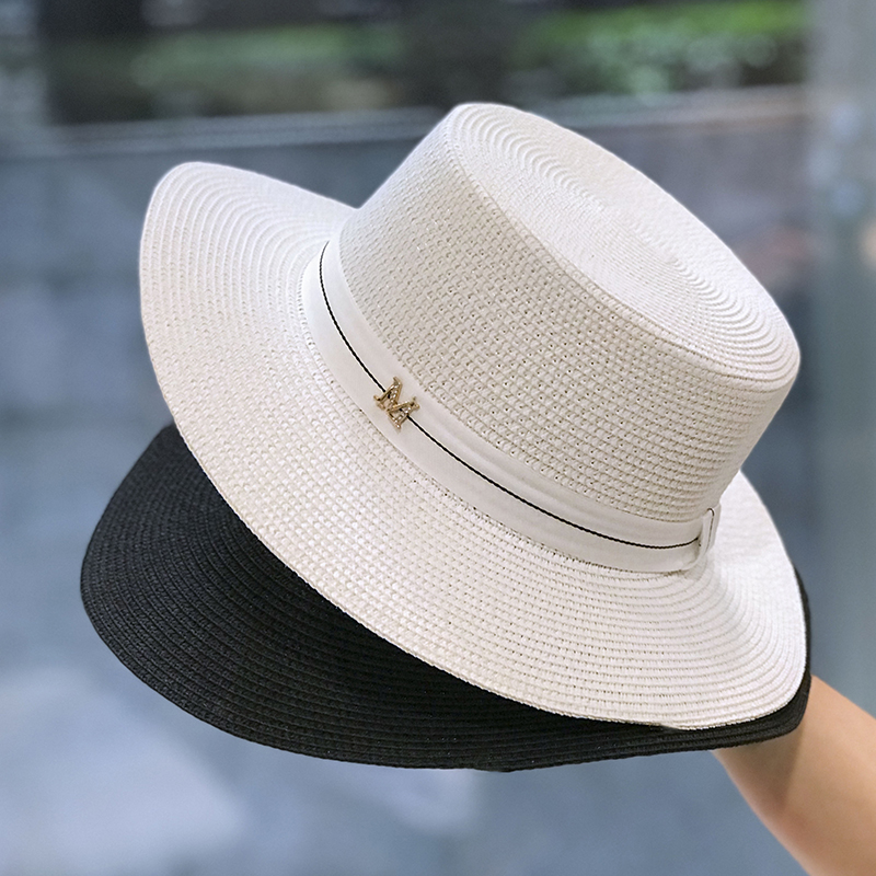 法国定制m标草帽女平顶优雅白色礼帽英伦海边度假防晒遮阳帽子潮
